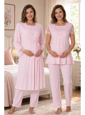 Effortt 2054P Pembe Dantel Detaylı Sabahlıklı Lohusa Pijama Takımı